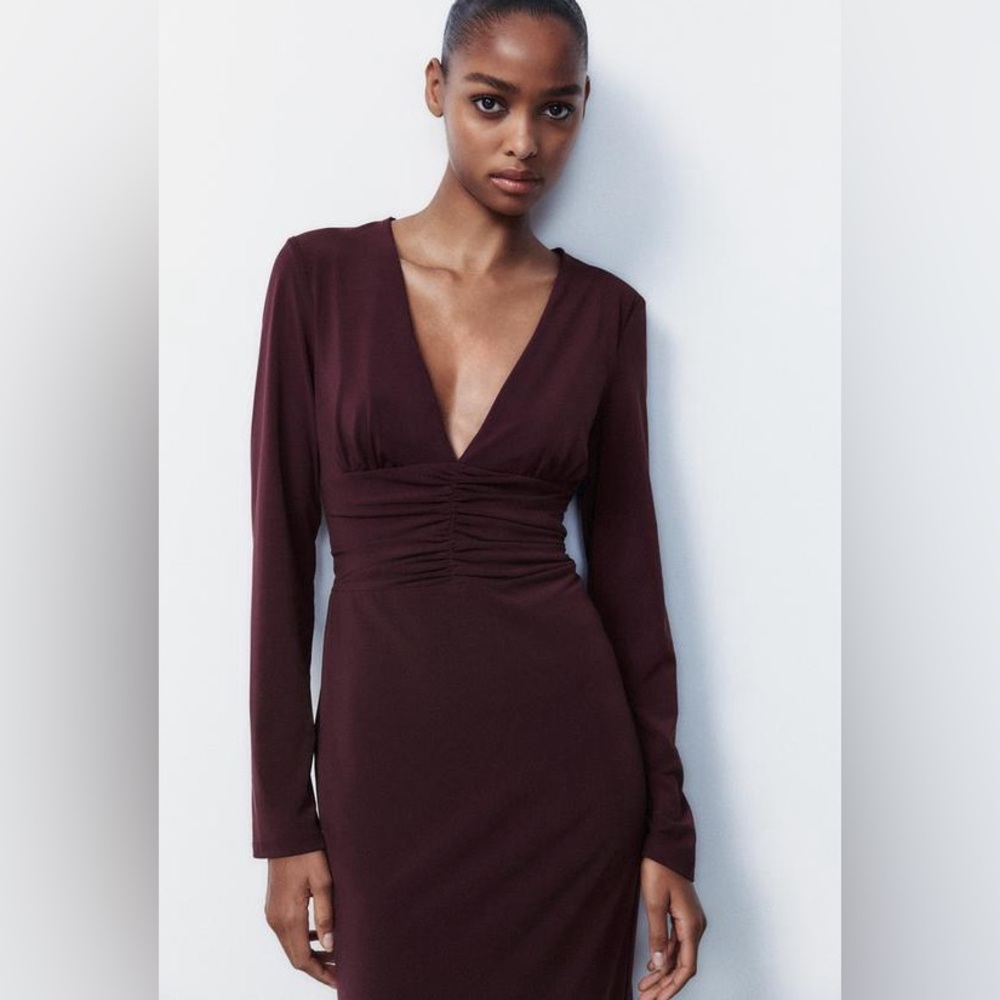 New ZARA Burgundy Long Sleeve Maxi Dress